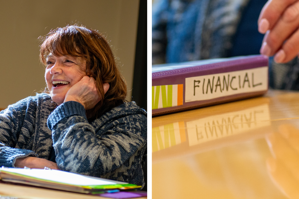 Two side by side images. Left: Cindy smiles broadly while resting her chin in her palm and sitting at a table with a binder of papers in front of her. Right: An up-chose shot of the spine of Cindy's binder reads 