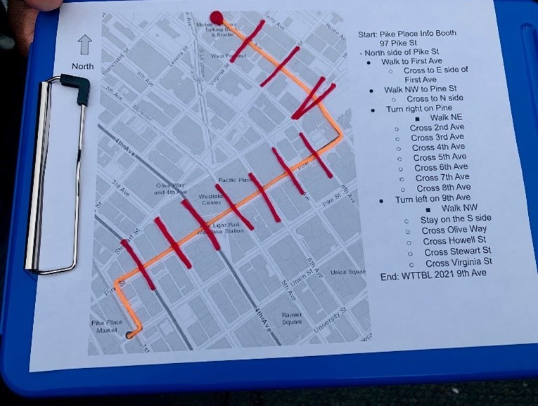 A map on a clipboard displays the stops on the walk in a visual and tactile function.