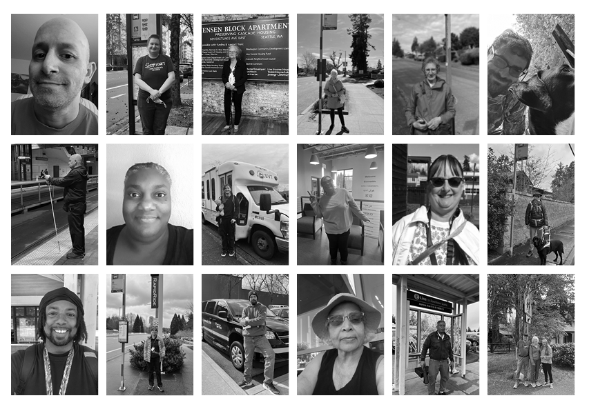 Collage of 18 black-and-white portrait photographs arranged in a grid. The images show community members in a variety of outdoor and indoor settings, including bus stops, transit stations, sidewalks, offices, parking areas, and alongside vehicles. Several individuals pose near public transportation infrastructure, while others stand with service vehicles, pets, or family members. The collection highlights diverse participants connected to transportation, mobility, and community engagement across urban, suburban, and rural environments. Collage of 18 black-and-white portrait photographs arranged in a grid. The images show community members in a variety of outdoor and indoor settings, including bus stops, transit stations, sidewalks, offices, parking areas, and alongside vehicles. Several individuals pose near public transportation infrastructure, while others stand with service vehicles, pets, or family members. The collection highlights diverse participants connected to transportation, mobility, and community engagement across urban, suburban, and rural environments.
